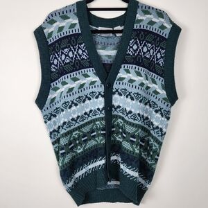 Estate Vintage 90s Sweater Vest Button Front Cardigan Geometric Print Size M
